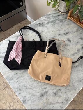 Victoria's Secret Black Tote with Pink Scarf & Beige Shoulder Bag
